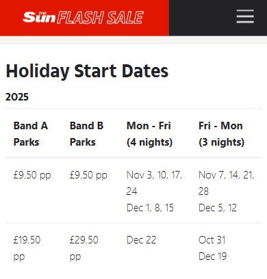 oct 2025 flash sale dates 1 A table lists 2025 holiday start dates and prices for Band A and Band B parks, showing costs per person and available dates for 3- and 4-night stays.