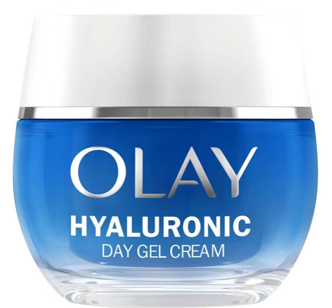 A close-up of a blue jar of Olay Hyaluronic Day Gel Cream with a white and silver lid. The product name is printed in white letters on the front.