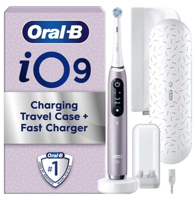 oral b star gift Oral-B iO9 electric toothbrush set with charging travel case, fast charger, brush head, and packaging box shown.