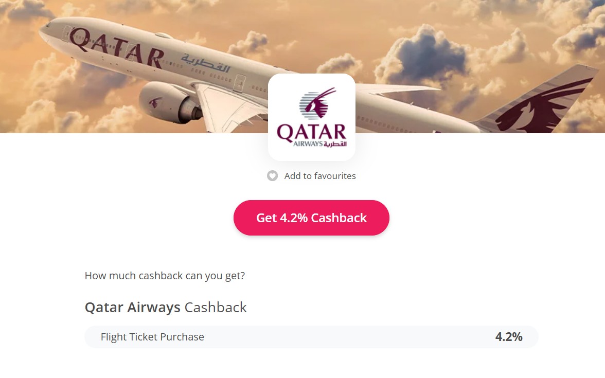 A Qatar Airways plane in flight with a promotion offering 4.2% cashback on flight ticket purchases displayed on a website interface.