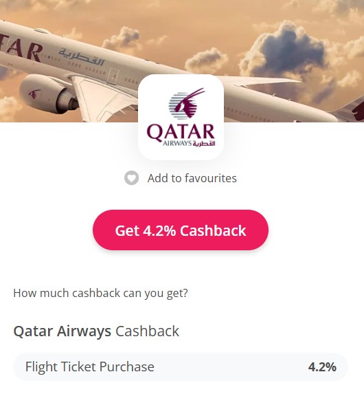 Qatar Airways promotion offering 4.2% cashback on flight ticket purchases, with an airplane and logo in the background.