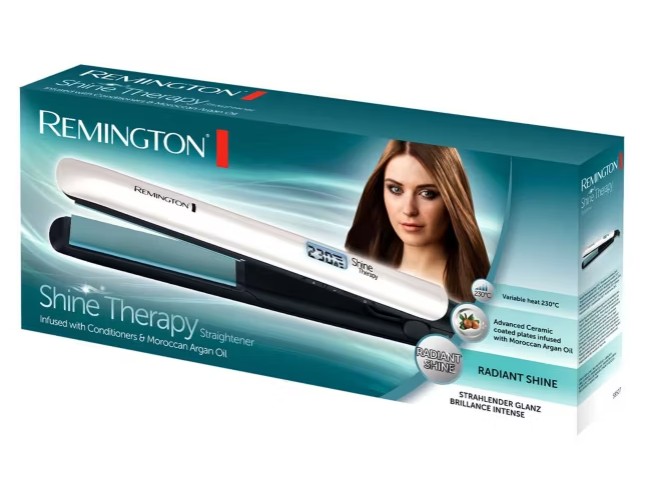 remington straighteners Remington Shine Therapy hair straightener box featuring product image, a woman with straight hair, and details about conditioners and Moroccan argan oil infusion.