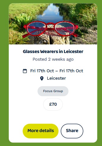 research opinions mobile A pair of red glasses rests on a tree stump by a stream, illustrating an advert for a paid focus group for glasses wearers in Leicester.