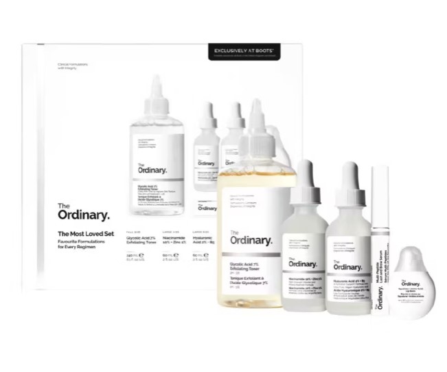 the ordinary star gift A set of skincare products from The Ordinary, including multiple bottles and droppers, displayed in front of their packaging box.