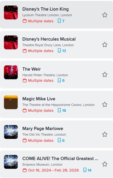 ticketswap oct 25 mobile A list of six London theatre events with titles, venues, dates, and icons for calendar, group size, and favorites.