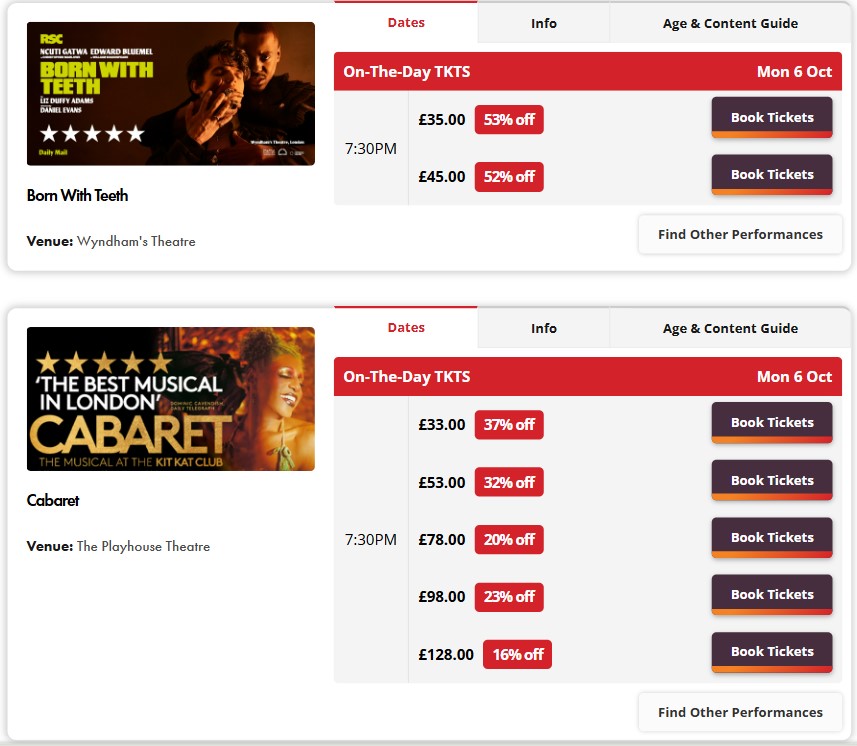 tkts oct 2025 desktop Screenshot of a theatre ticket booking page showing discounted prices for "Born With Teeth" and "Cabaret" on Monday, 6 October, with various booking options listed.