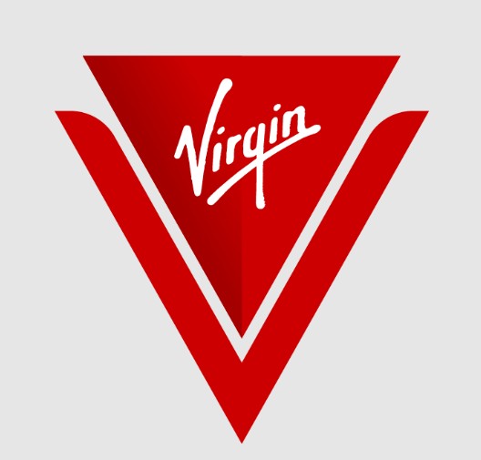 Red geometric "V" logo with the word "Virgin" written in white script inside a red triangle, set against a light gray background.