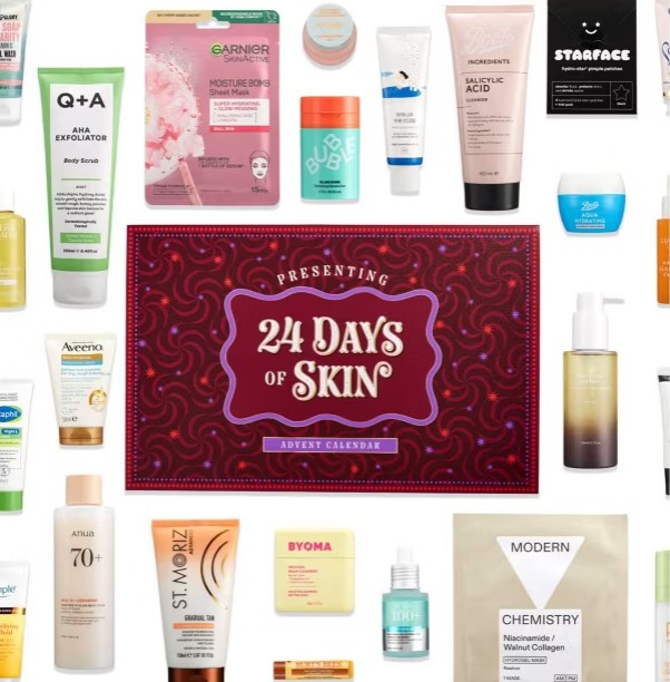 24 days star gift A variety of skincare products and creams are arranged around a red box labeled "24 Days of Skin Advent Calendar" on a white background.