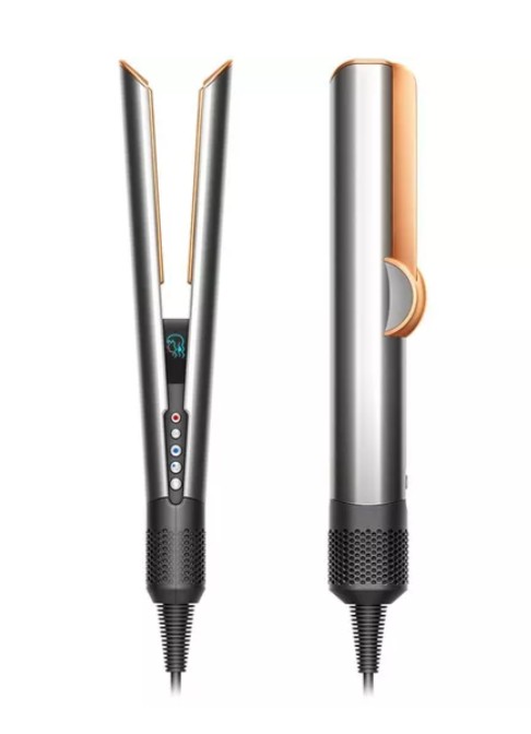 Airstrait Jasper Plum Straightener A modern hair styling tool with a silver and gold finish, shown both open and closed, featuring control buttons and a digital display.