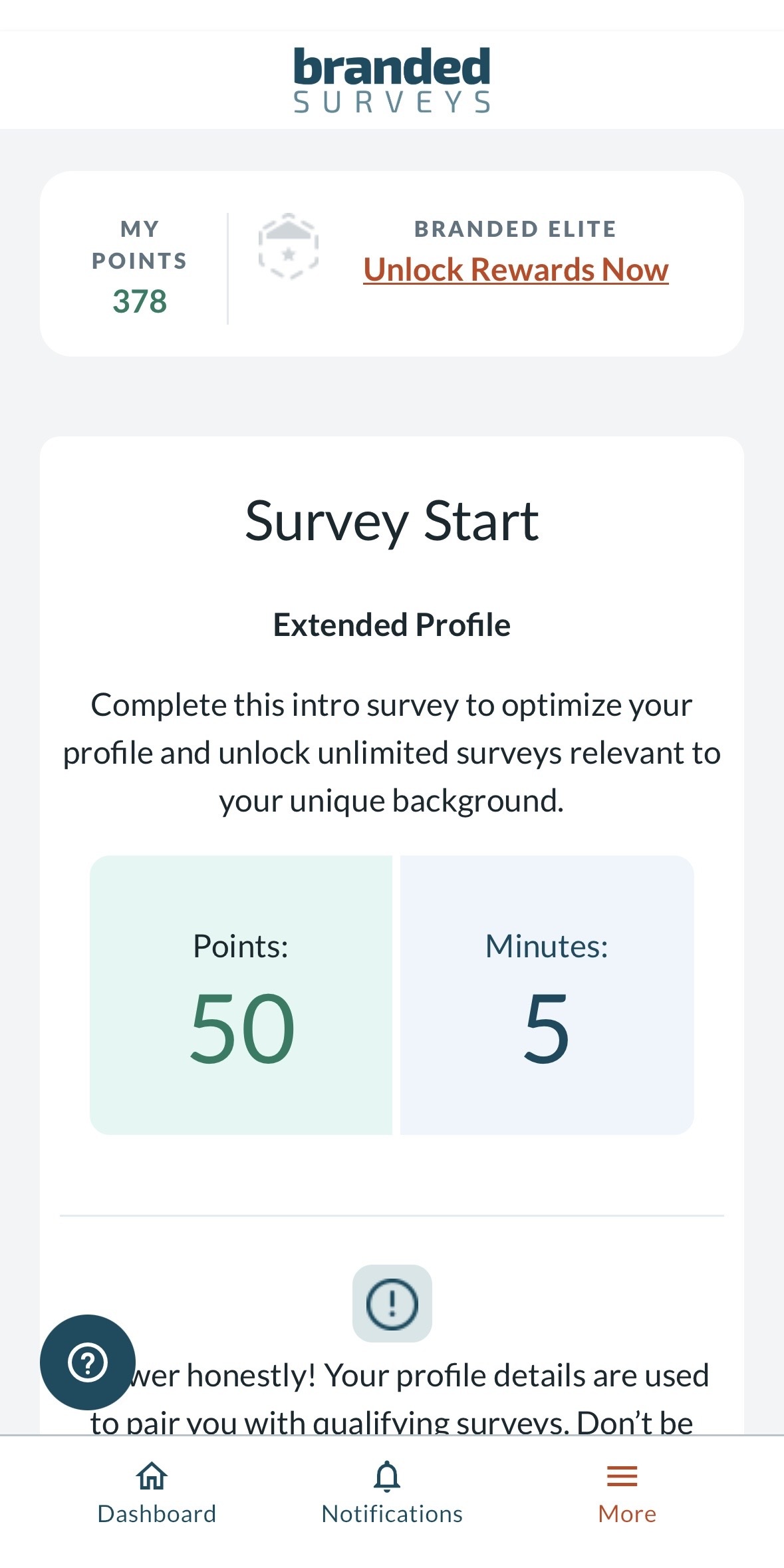 Branded Surveys app A mobile screen showing a survey start page on Branded Surveys, with 50 points earned in 5 minutes and 378 total points displayed at the top.