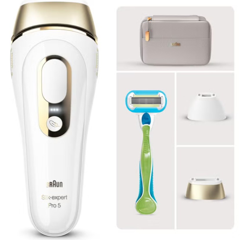 Braun 5124 IPL Precision Removal System and Beauty Pouch A Braun Silk-expert Pro 5 IPL hair removal device with its accessories: a travel pouch, razor, charging base, and extra attachment, all displayed on a neutral background.