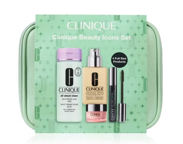 Clinique Beauty Icons Set featuring cleanser, moisturizer, mascara, and makeup remover, displayed with a mint green carrying case.