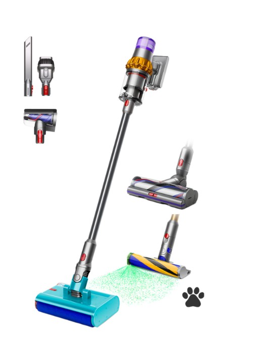 Dyson V15s Detect Submarine Cordless stick vacuum cleaner with multiple attachments, LED-lit cleaning head, and a paw print icon indicating suitability for pet hair.