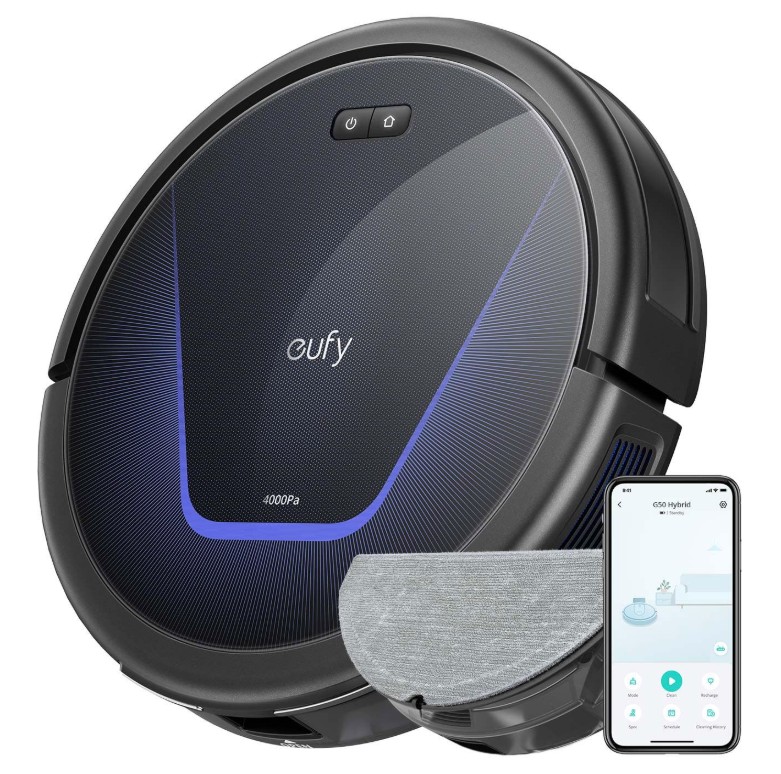 Eufy G50 Hybrid Robot Vacuum with Mop and Auto-Detangle Brush A Eufy robotic vacuum cleaner with a detachable mop pad is shown next to a smartphone displaying its companion app interface.