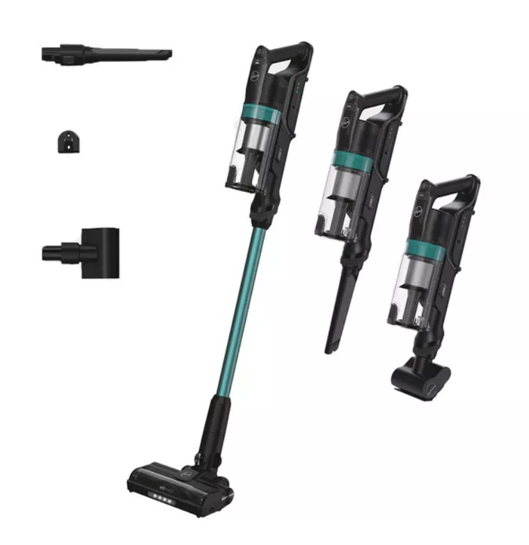 HOOVER HF1 Plus Pets Cordless Vacuum Cleaner Cordless stick vacuum cleaner with detachable handheld options, shown with various attachments for different cleaning tasks.