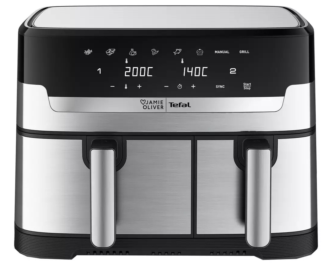 Jamie Oliver Tefal Air Fryer A front view of a Tefal Jamie Oliver air fryer with a Black Friday discount