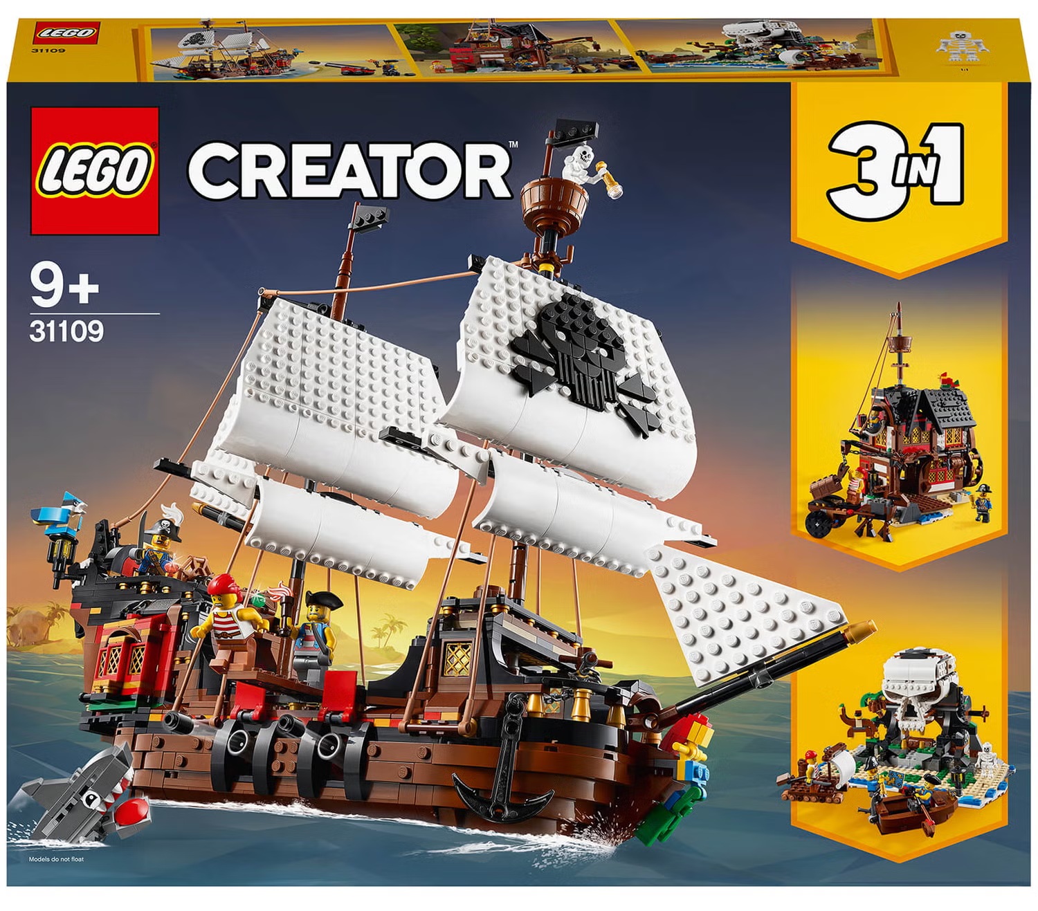 LEGO Creator 3-in-1 set 31109 for ages 9+, featuring a pirate ship, pirate house, and island scene, shown on the front of the product box.