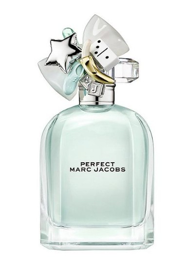 Marc Jacobs Perfect 100ml Eau de Toilette A clear glass bottle of Marc Jacobs' "Perfect" perfume with a decorative, eclectic cap featuring charms and pastel colors.