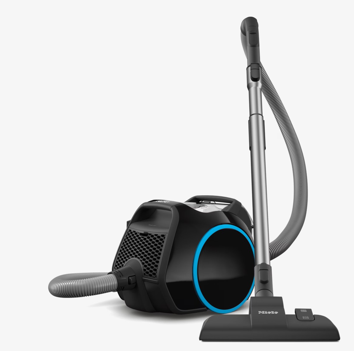 Miele Boost CX1 Blue Pulse A modern black canister vacuum cleaner with a blue accent ring, flexible hose, metal wand, and floor attachment, photographed on a white background.