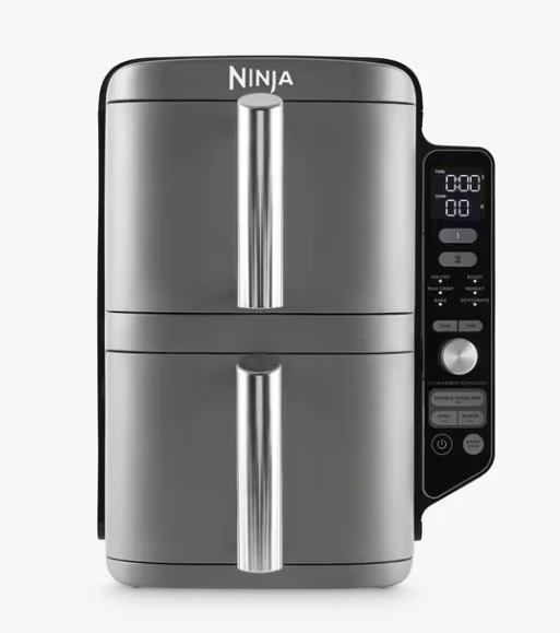 NINJA Double Stack XL 2-Drawer Air Fryer SL400UK Front view of a Ninja dual-basket air fryer with digital control panel, two drawers, and stainless steel handles, set against a plain background.