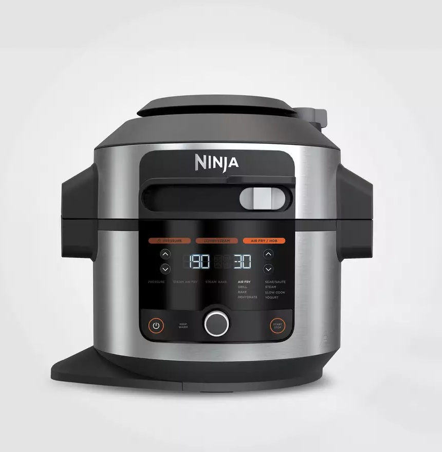 Ninja 11-in-1 smartlid air fryer A Ninja air fryer with a digital display showing settings, buttons, and a dial, photographed against a plain white background.