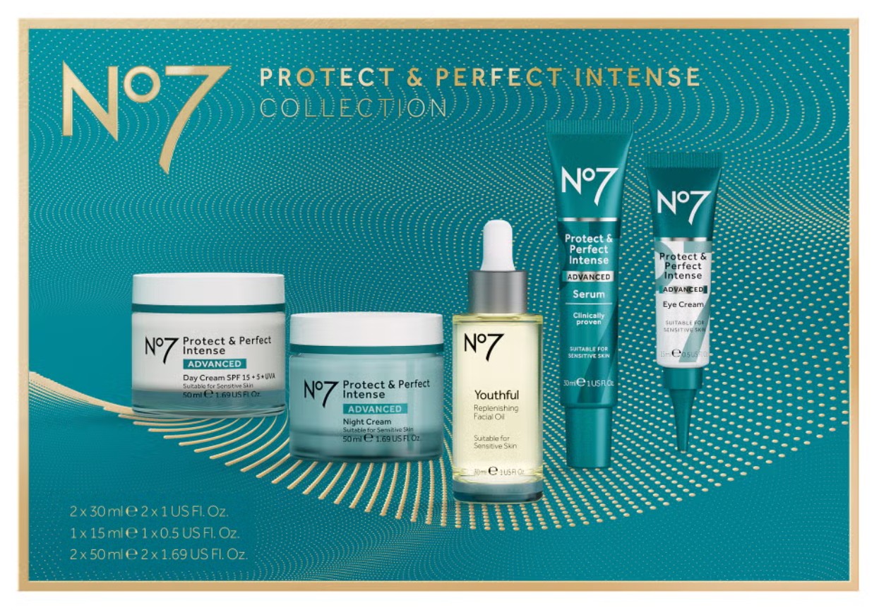 No7 Protect & Perfect Intense Collection No7 Protect & Perfect Intense Collection set including day cream, night cream, serum, eye cream, and facial oil displayed against a teal patterned background.