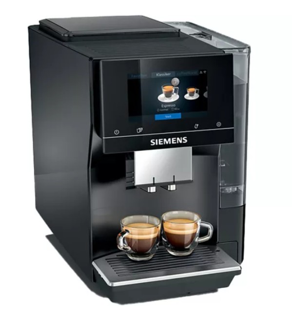 A Siemens automatic coffee machine brews two cups of espresso, shown on its digital display screen and drip tray.