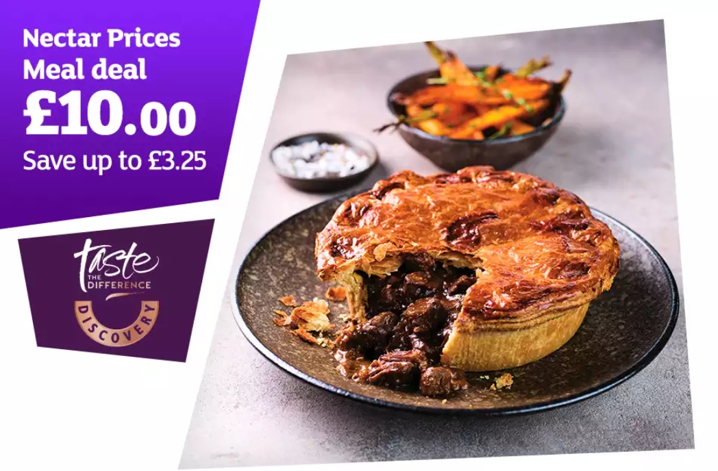 An image showing a pie and sides served in the Discovery Classics Sainsbury's dine-in meal deal
