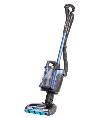 Shark Anti Hair Wrap Upright Cordless Vacuum Cleaner with PowerFins, Powered Lift-Away & TruePet ICZ300UKT A blue and black upright cordless vacuum cleaner with a transparent dust container and brush roll attachment.