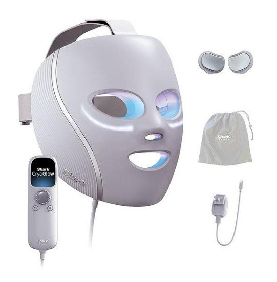 Shark CryoGlow Under-Eye Cooling & LED Anti-Ageing & Blemish Repair Mask A white LED facial mask with attached control device, a pair of eye pads, a drawstring storage bag, and a power adapter, all displayed on a white background.