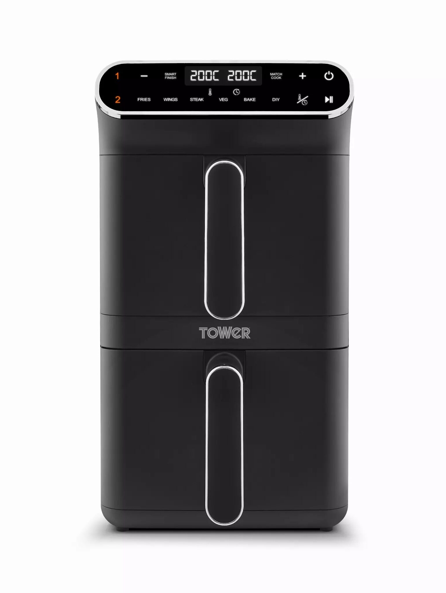 Tower Vortex Dual-Zone Air Fryer A black Tower dual basket air fryer on sale with a discount for Black Friday