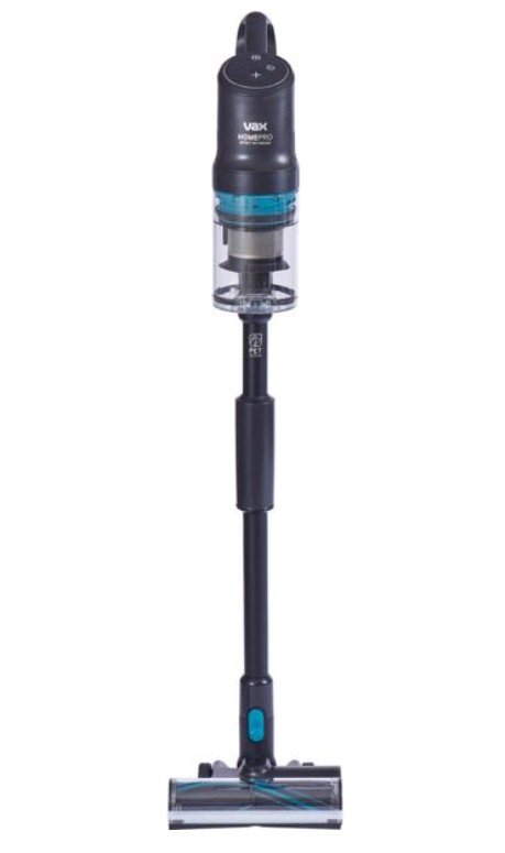 VAX HomePro Detect Pet-Design Dual Cordless Vacuum Cleaner A cordless stick vacuum cleaner with a transparent dustbin, black body, and blue accents standing upright on a white background.