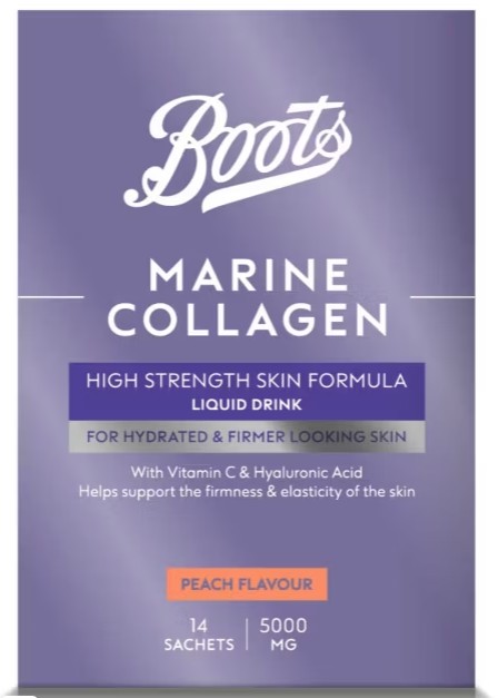 boots marine collagen Box of Boots Marine Collagen High Strength Skin Formula liquid drink, peach flavour, 14 sachets, 5000 mg, with vitamin C and hyaluronic acid for skin hydration and firmness.