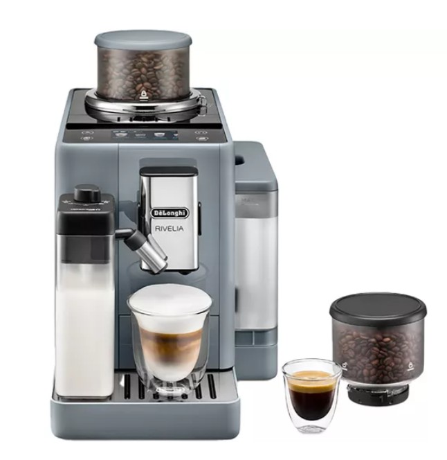 A DeLonghi Rivela espresso machine with a milk frother, coffee beans container, and two glass cups filled with coffee.