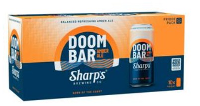 doom bar sainsburys A 10-pack fridge pack of Sharp's Doom Bar Amber Ale, showing a can with the Doom Bar logo and branding in blue, orange, and white colors.