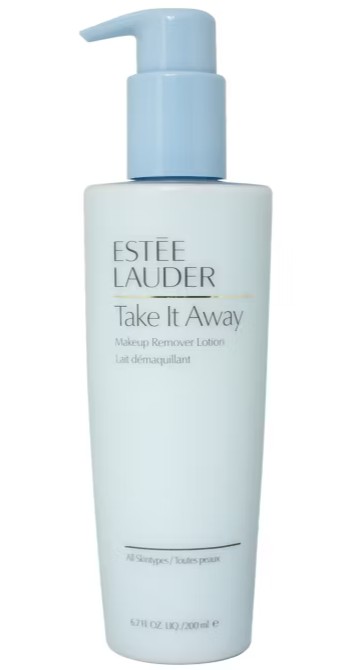 estee lauder cleanser A light blue bottle of Estée Lauder Take It Away Makeup Remover Lotion with a pump dispenser, labeled for all skin types, 200 ml size.