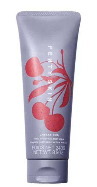 fenty scrub A tube of Fenty Skin Cherry Dub Triple Action AHA Body Scrub with red cherry graphics on a gray-purple background, 240g (8.5 oz) size.