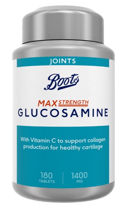 glucosamine A bottle of Boots Max Strength Glucosamine tablets with vitamin C, labeled for joint support; 180 tablets, 1400 mg.