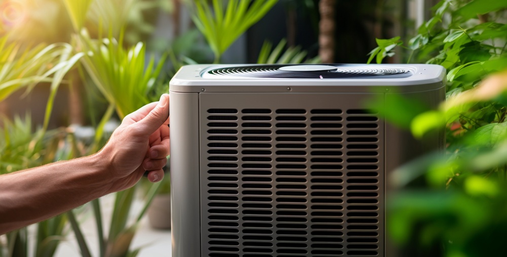 An image showing an air source heat pump outside a house