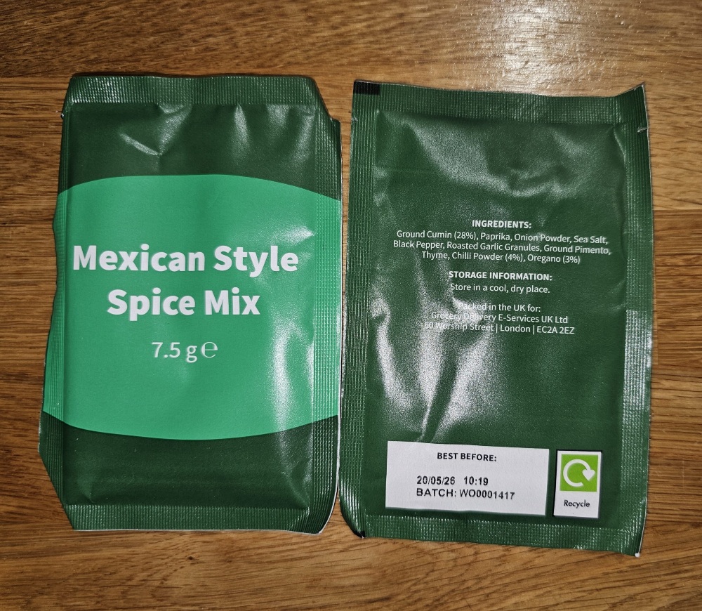Two Mexican spice packets from HelloFresh recipes