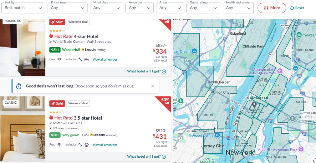 hotwire desktop nov 2025 Screenshot of a hotel booking website showing discounted hotel deals in New York City alongside a map highlighting hotel locations.