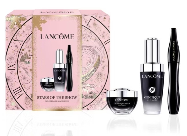 lancome star gift Lancome "Stars of the Show" beauty set with Génifique Ultimate serum, Génifique Rich cream, and Hypnôse mascara displayed beside the pink and gold product packaging.