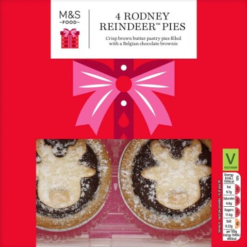 m and s rodney reindeer chocolate brownie pies Box of M&S 4 Rodney Reindeer Pies, showing two pies with reindeer face designs, filled with Belgian chocolate brownie, in a red holiday-themed package.