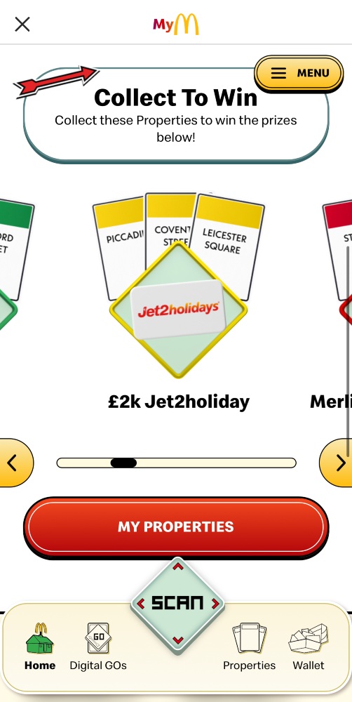 McDonald's Monopoly app screen showing collected properties and a £2k Jet2holiday prize, with navigation buttons and menu options at the bottom.