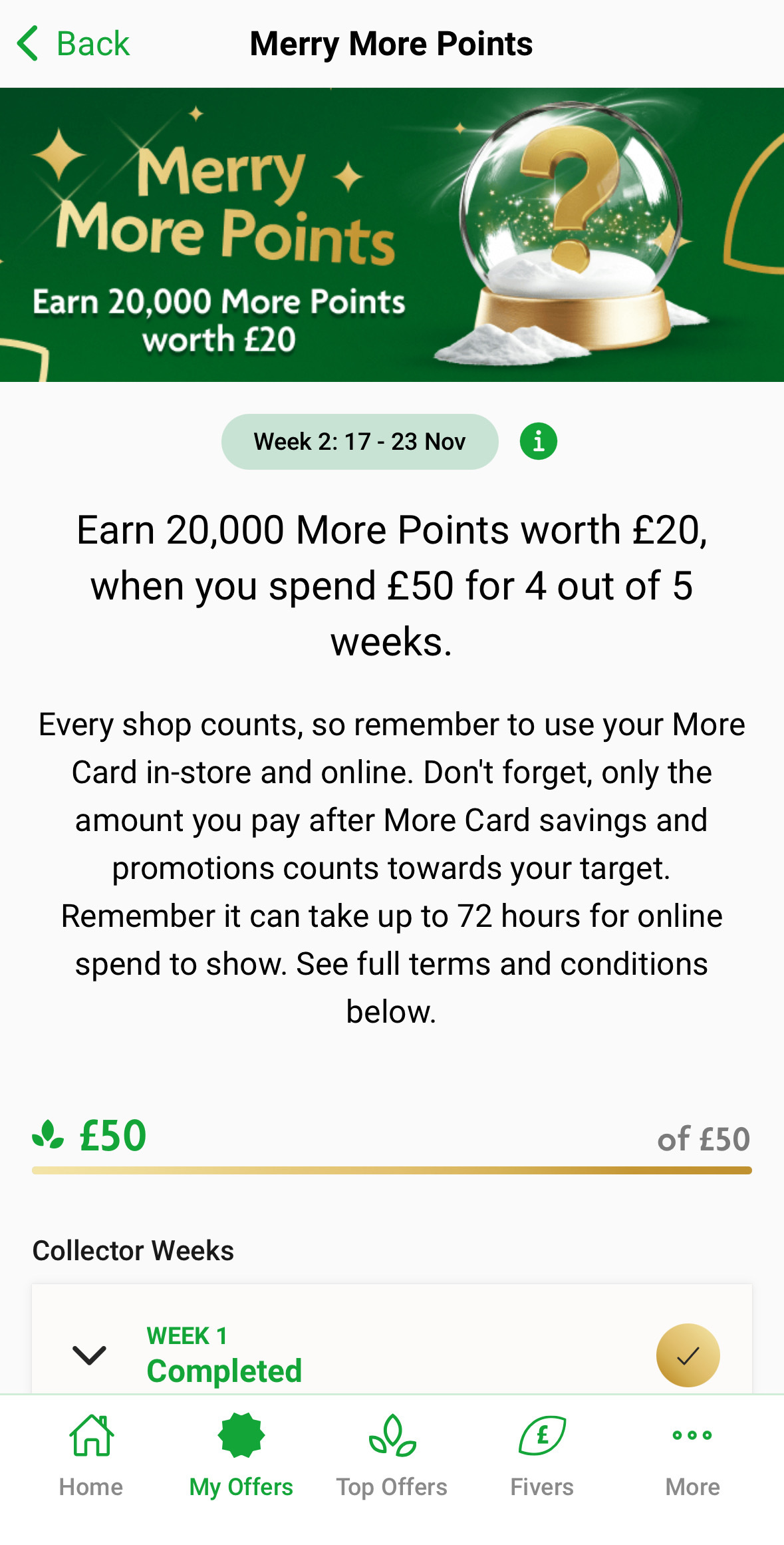 A mobile app screen displays a promotion: earn 20,000 points (£20) by spending £50 for 4 out of 5 weeks. Progress bar shows £50 of £50 spent for week 1.