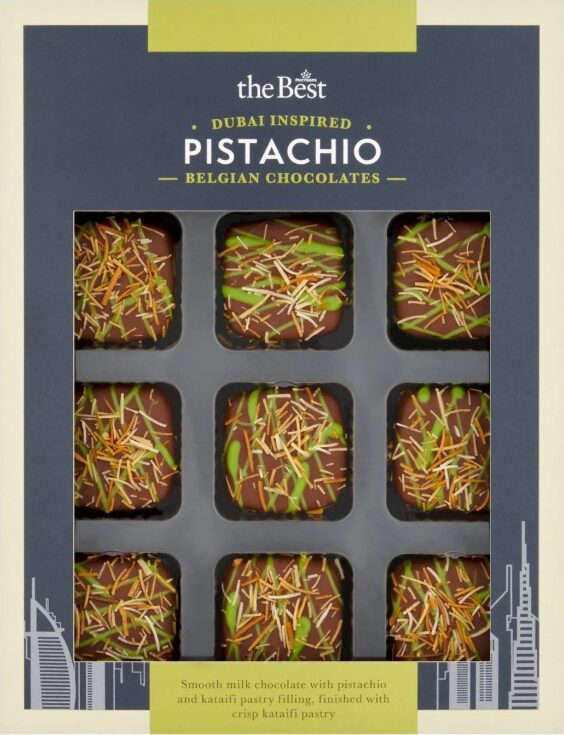 morrisons the best dubai inspired chocolate assortment box A box of nine pistachio Belgian chocolates with colored toppings, labeled "Dubai Inspired Pistachio Belgian Chocolates" from "the Best" brand.
