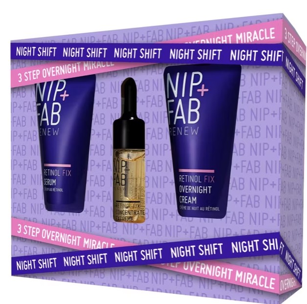 A boxed set of NIP+FAB Renew products, including Retinol Fix Serum, Retinol Fix Overnight Concentrate, and Retinol Fix Overnight Cream, labeled as a 3-step overnight miracle.