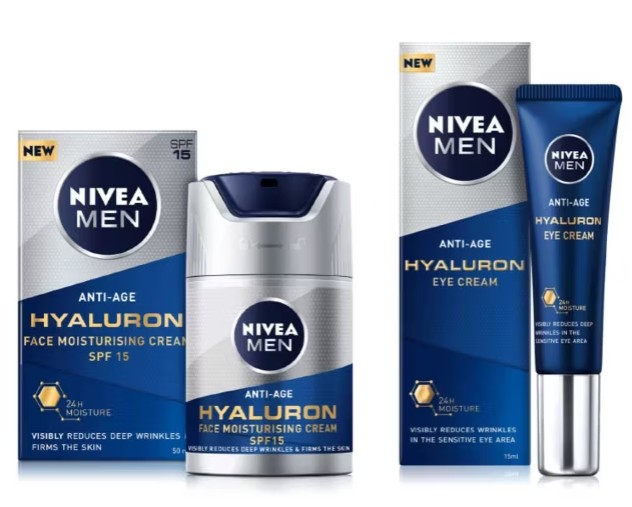 nivea men bundle NIVEA MEN anti-age hyaluron face moisturizing cream SPF 15 and hyaluron eye cream packaging shown side by side.