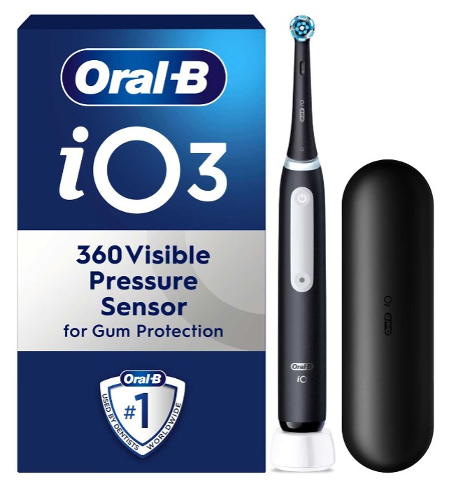 oral b star gift Oral-B iO3 electric toothbrush with visible pressure sensor, shown with its packaging and a black travel case.