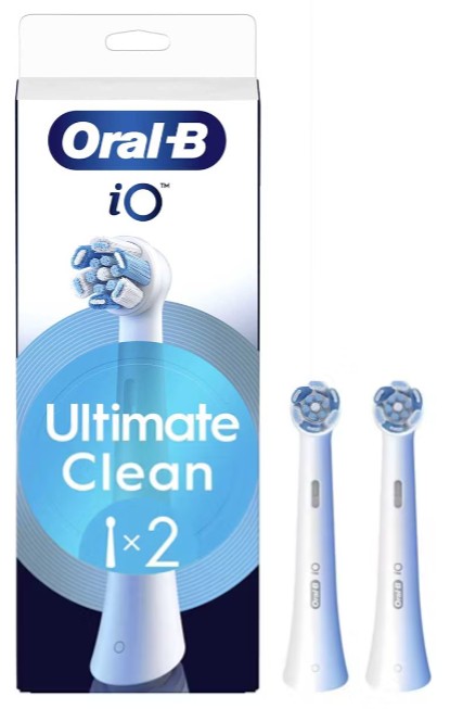oral b ultimate clean Oral-B iO Ultimate Clean toothbrush replacement heads package with two brush heads shown beside the box.